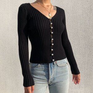 Line and Dot Y2K Black Ribbed Knit VNeck Cardigan Sweater Pearl Women Size Mediu